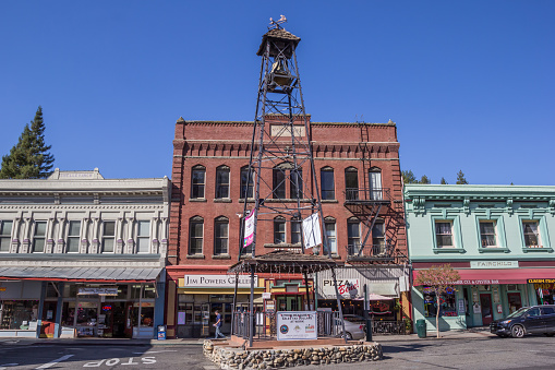 Placerville, CA, USA - October 13, 2015: Bell tower and old buildings in the historic center of Placerville