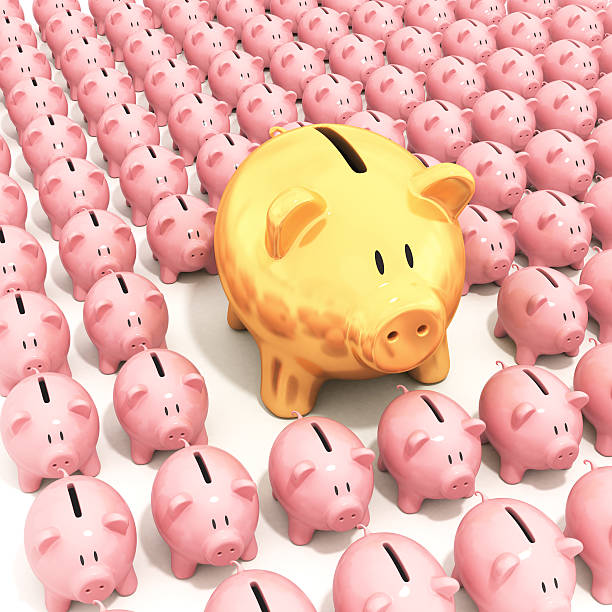 istock Bigger golden piggy bank standing 494758424