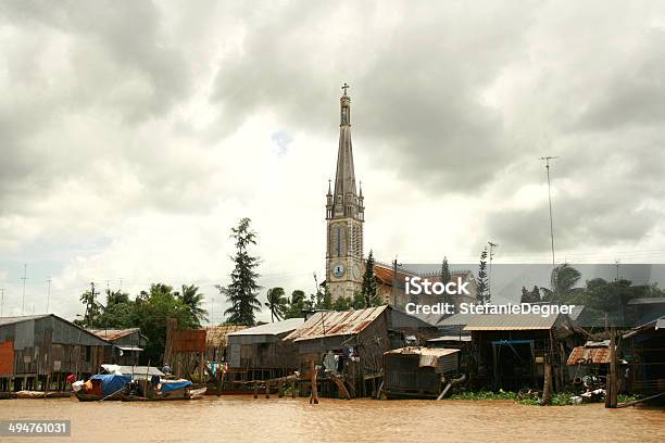 Cai Be Church Ashore The Mekong River Vietnam Stock Photo - Download Image Now - Antenna - Aerial, Brown, Cable
