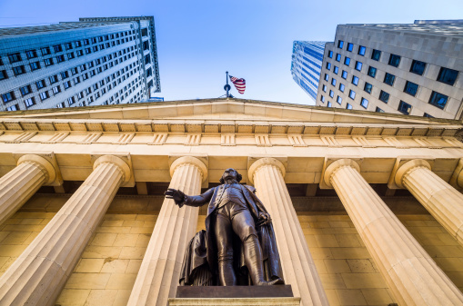 Facade of the Federal Hall with Washington Statue on the front, wall street, Manhattan, New York City