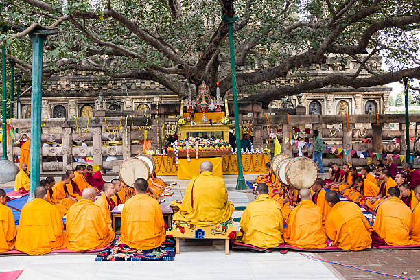 ceremony under the bodhi tree stock photo