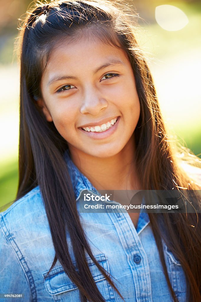 Portrait Of Hispanic Girl In Countryside Portrait Of Hispanic Girl In Countryside Smiling To Camera 10-11 Years Stock Photo
