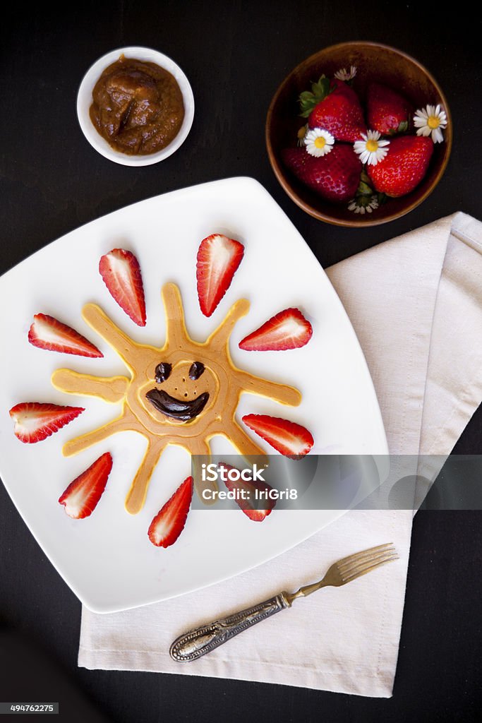 Fun Pancakes with  strawberry &  chocolate for kids Breakfast Stock Photo