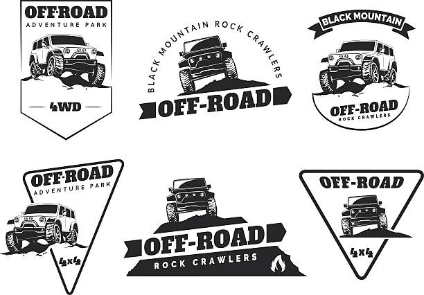 ilustraciones, imágenes clip art, dibujos animados e iconos de stock de juego de clásicos off-road suv car emblems, credenciales e iconos. - 4x4