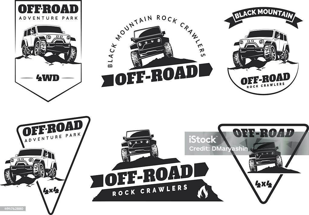 Set of classic off-road suv car emblems, badges and icons. Set of classic off-road suv car emblems, badges and icons. Rock crawler car, off-road suv adventure and car club design elements. Isolated suv front and side view. Off-Road Vehicle stock vector
