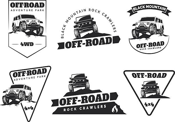 Set of classic off-road suv car emblems, badges and icons. Set of classic off-road suv car emblems, badges and icons. Rock crawler car, off-road suv adventure and car club design elements. Isolated suv front and side view. jeep stock illustrations