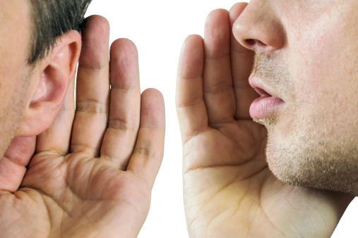 man whispers with reproached hand and another listens to him