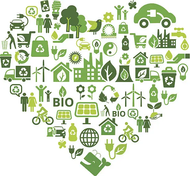 Vector illustration of eco green icons in heart shape