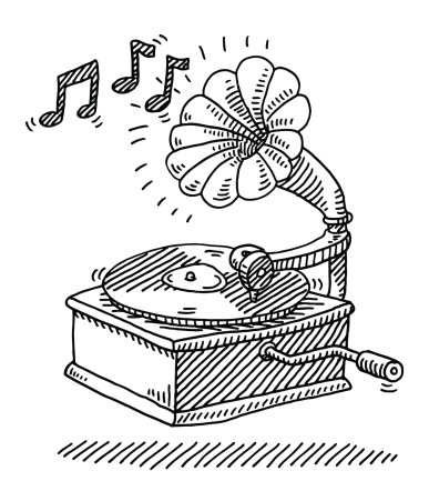 Hand-drawn vector drawing of a Vintage Gramophone playing Music. Black-and-White sketch on a transparent background (.eps-file). Included files are EPS (v10) and Hi-Res JPG.