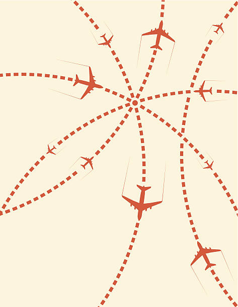 Travel airplanes background Vector of crisscrossing lines of multiple passenger planes on the way to their locations. EPS10 ai file format. airplane flying cirrus sky stock illustrations