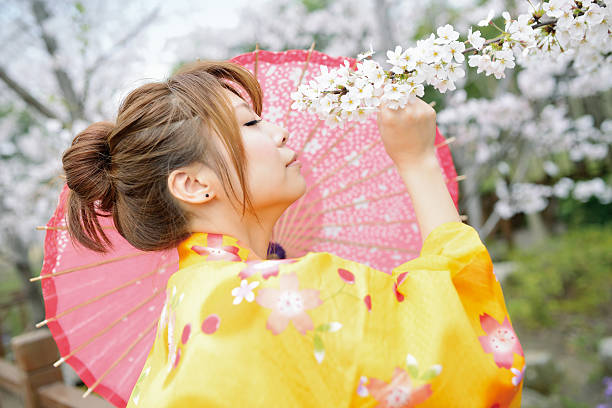 女性のポートレート&桜 - parasol umbrella asian ethnicity asian culture ストックフォトと画像