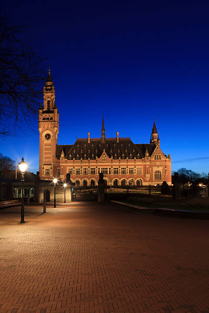 illuminated Peace Palace in The Hague
