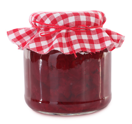 This is a jar of homemade beet root preserved.