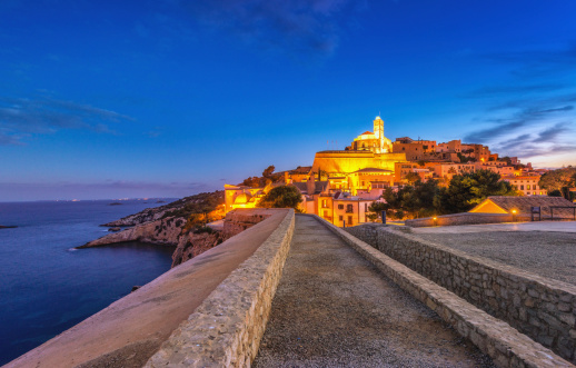 Way leading in beautiful Dalt Vila - Ibiza´s historic old town and its cathedral, Santa Maria d'Eivissa (14th century)