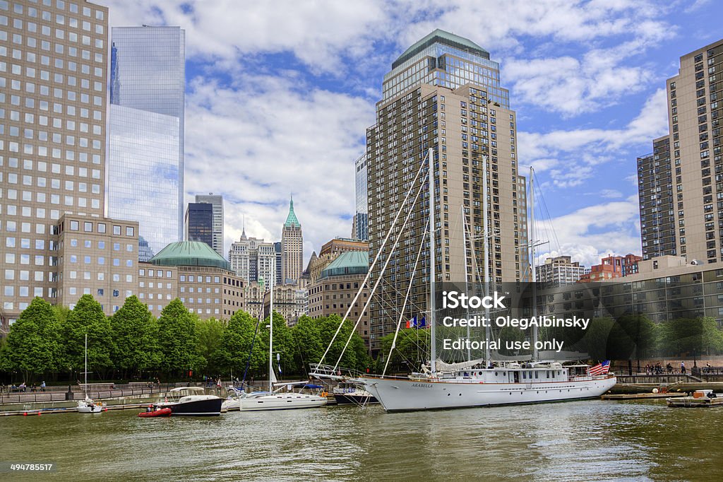 North Cove Marina and World Trade Center, New York. New York, NY, USA - May 18, 2014: HDR (High Dynamic Range) photorealistic image of the North Cove Marina with World Trade Center in background, Battery Park City, Manhattan, New York. Apartment Stock Photo