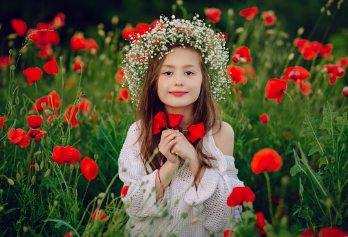 beautiful little girl in a wreath of poppies