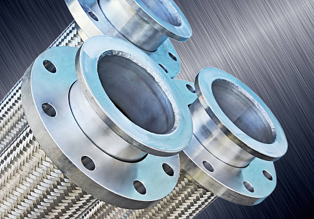 Stainless steel hose.Corrugated and braided metal tube with flanges fitting ending.