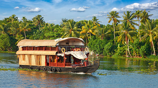 Houseboat on Kerala backwaters, India Panorama of houseboat on Kerala backwaters. Kerala, India kerala photos stock pictures, royalty-free photos & images