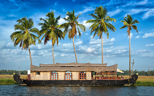 Panorama of houseboat on Kerala backwaters. Kerala, India