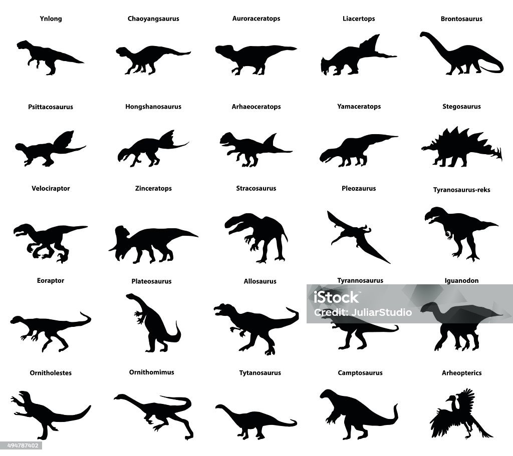 Dinosaur silhouettes Dinosaur silhouettes set with names isolated on white Dinosaur stock vector