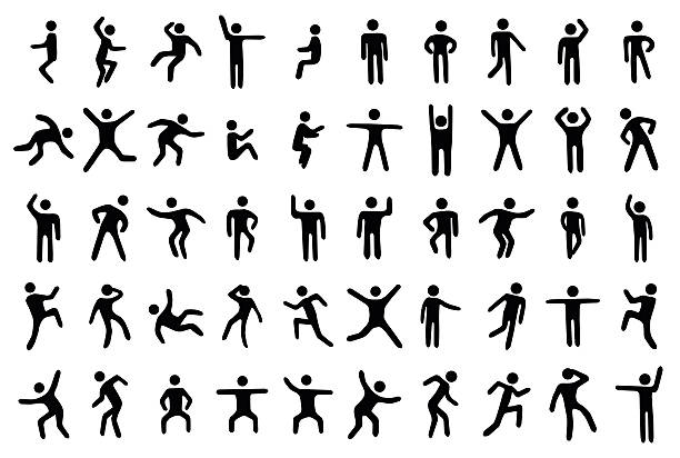 50 stick figure set 50 stick figure set, person in different sport poses on white background gymnastics stretches stock illustrations