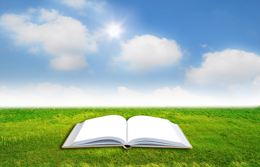 Open book with nature grass field background