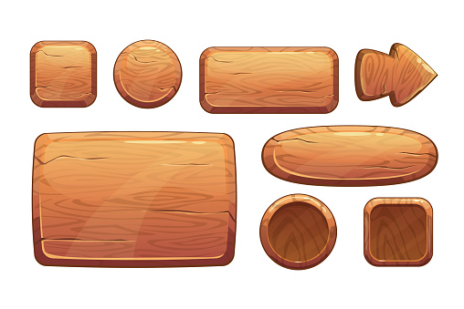 Cartoon wooden game assets, wood kit for game ui development, vector gui elements