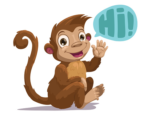 Cute cartoon sitting monkey saying Hi, vector illustration, isolated on white