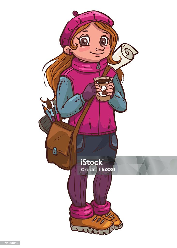 Young artist girl with cup of coffee in her hands Young artist girl with cup of coffee in her hands, vector illustration 2015 stock vector