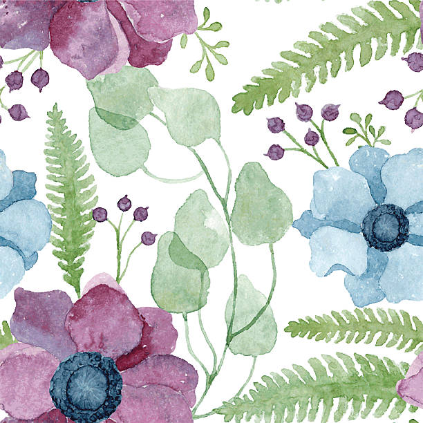 ilustrações, clipart, desenhos animados e ícones de padrão de vetor com flores em aquarela com flores roxas e anémona azul - berry fruit pink vibrant color leaf