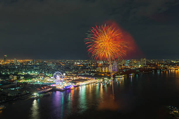 istock Bangkok cityscape river view with Fireworks at night scene 494808778