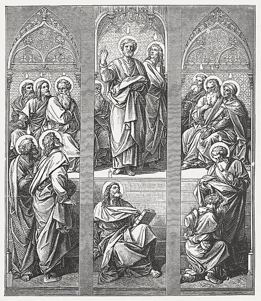 Pentecost, Outpouring of the Holy Spirit, wood engraving, published 1881 Outpouring of the Holy Spirit. Woodcut engraving after a painting by Ernst Christian Pfannschmidt (German painter, 1868 - 1949), published in 1881. whitsun stock illustrations