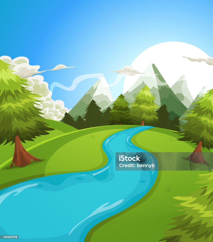 Cartoon Summer Mountains Landscape Stock Illustration - Download Image Now  - River, Stream - Body of Water, Cartoon - iStock
