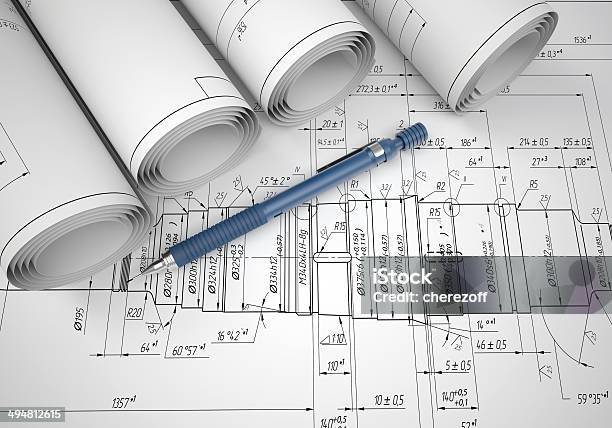 Engineering Drawing R Tool Scrolls Engineering Drawings And Automatic Pencil Stock Photo ...