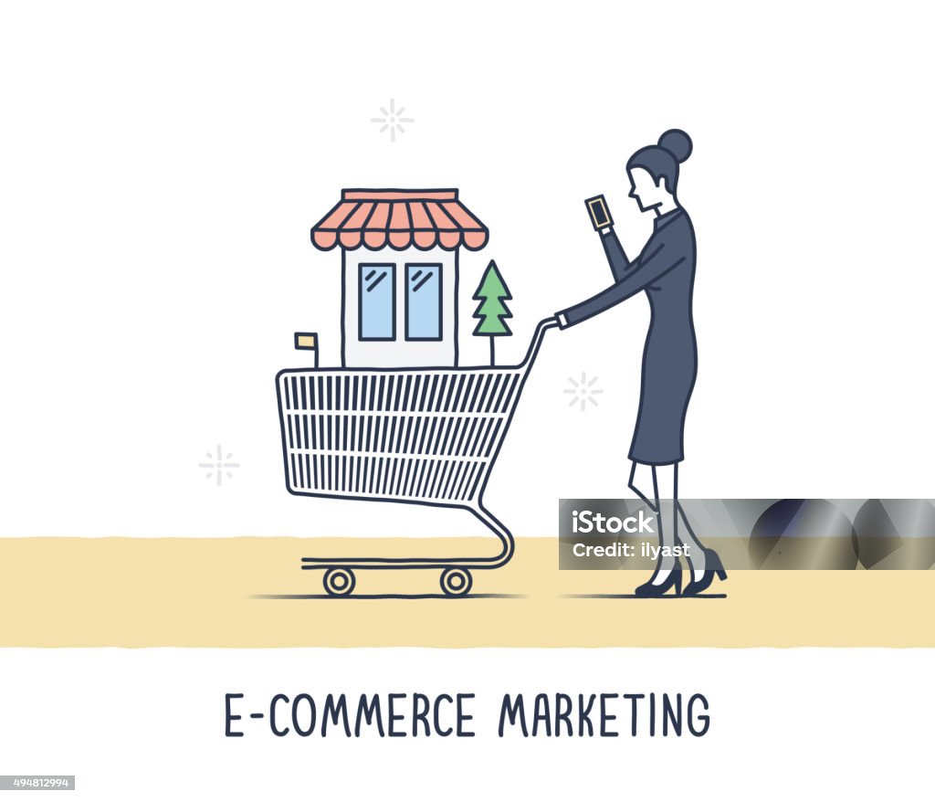 E-Commerce Marketing Abstract and symbolic presentation. E-Commerce Marketing. Business women checking her smartphone while shopping. Outline vector illustration. Retail stock vector