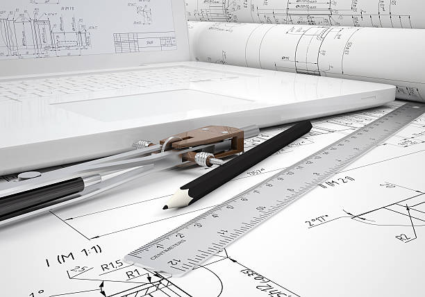 채로 엔지니어링 도면 및 랩탑형 - drawing compass machine part engineering plan 뉴스 사진 이미지