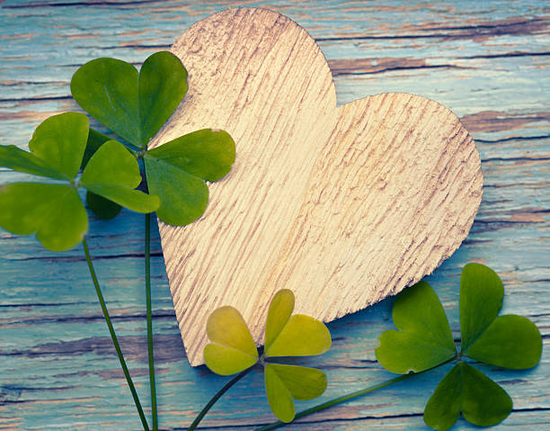 istock Lucky clovers with an old wooden heart 494826658
