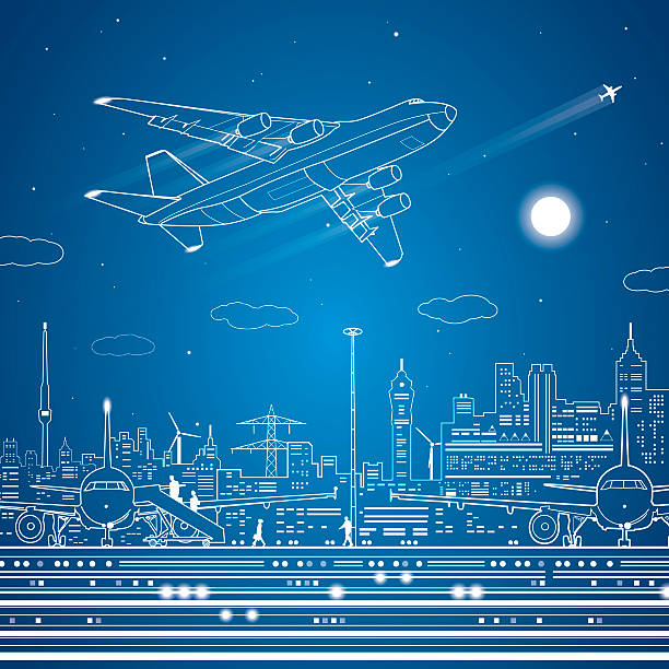 Airport, airplane fly, city infrastructure Airport, airplane fly, city infrastructure, vector lines design scene airport backgrounds stock illustrations