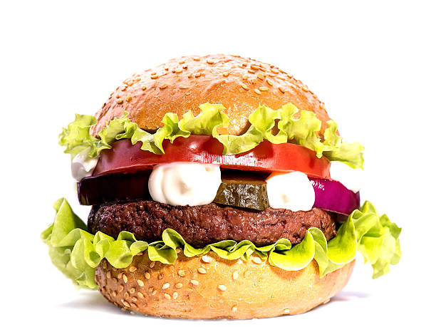 巨大ハンバーガー、牛のカツレツや野菜 backgound にホワイト - 米ニューハンプシャー州 サンドウィッチ ストックフォトと画像
