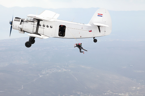 Parachuters jump from a plane, Grobnik, Rijeka, Croatia.