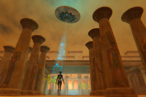 istock Egyptian goddess in ancient temple and flying UFO 494831808
