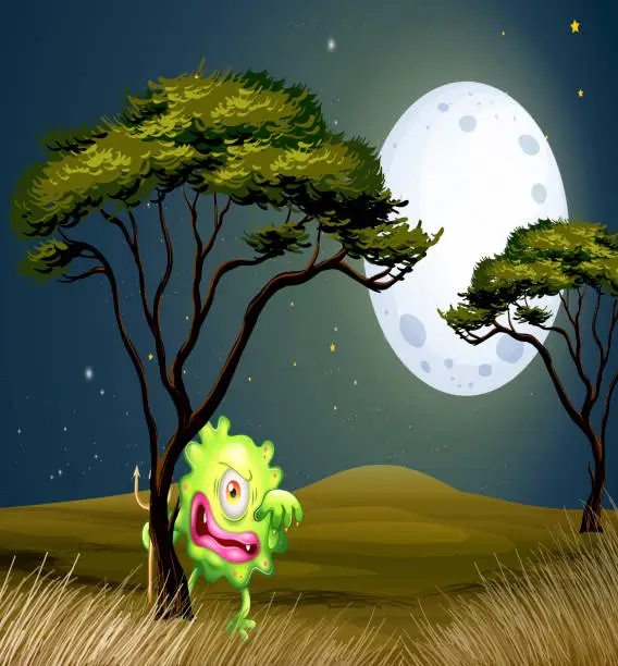 Vector illustration of Scared one-eyed monster under the fullmoon