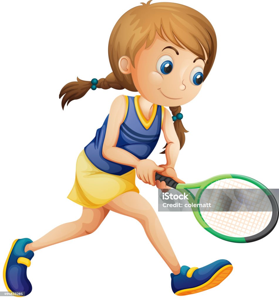Young girl playing tennis Illustration of a young girl playing tennis on a white background Activity stock vector