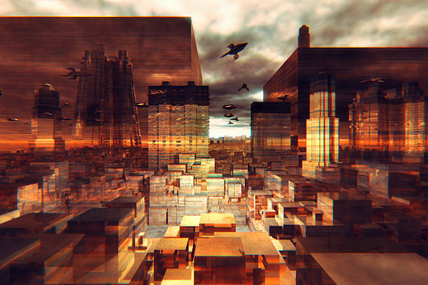istock Futuristic cityscape with flying aircrafts 494833564