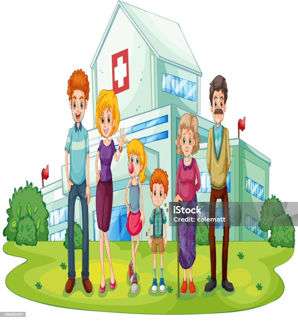 Big family near the hospital Illustration of a big family near the hospital on a white background Adult stock vector