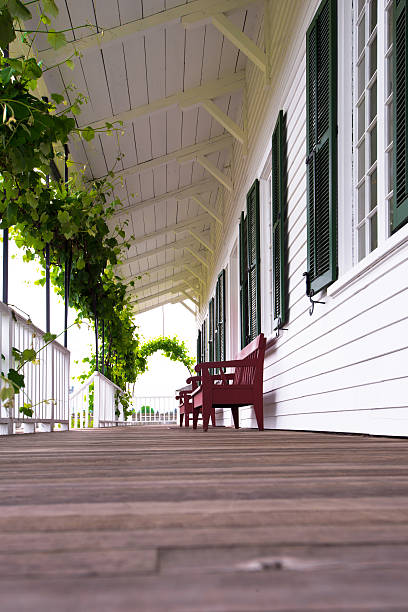 istock Cozy covered wooden gallery with grapes and benches 494837443