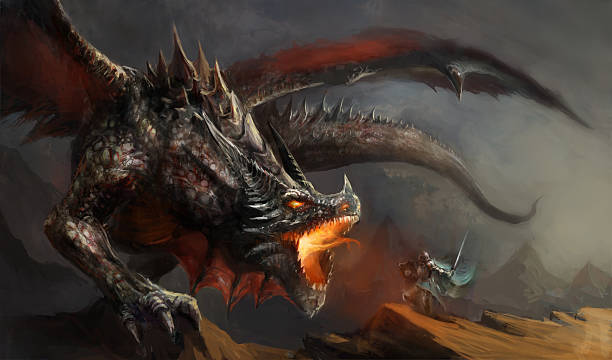 knight fighting dragon - huşu illüstrasyonlar stock illustrations