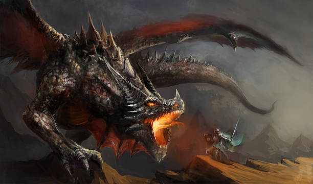 knight fighting dragon fantasy scene knight fighting dragon monster fictional character stock illustrations