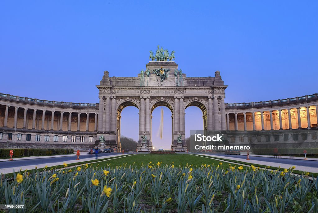 Brussels Triumphal Arch in Cinquantenaire Parc , Jubelpark Park of the Fiftieth Anniversary or Jubelpark in Brussels Arch - Architectural Feature Stock Photo