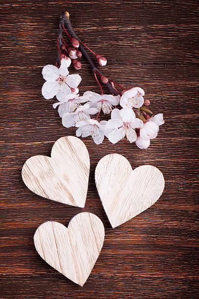 istock Three wooden hearts placed nicely with spring cherry blossom flo 494849352